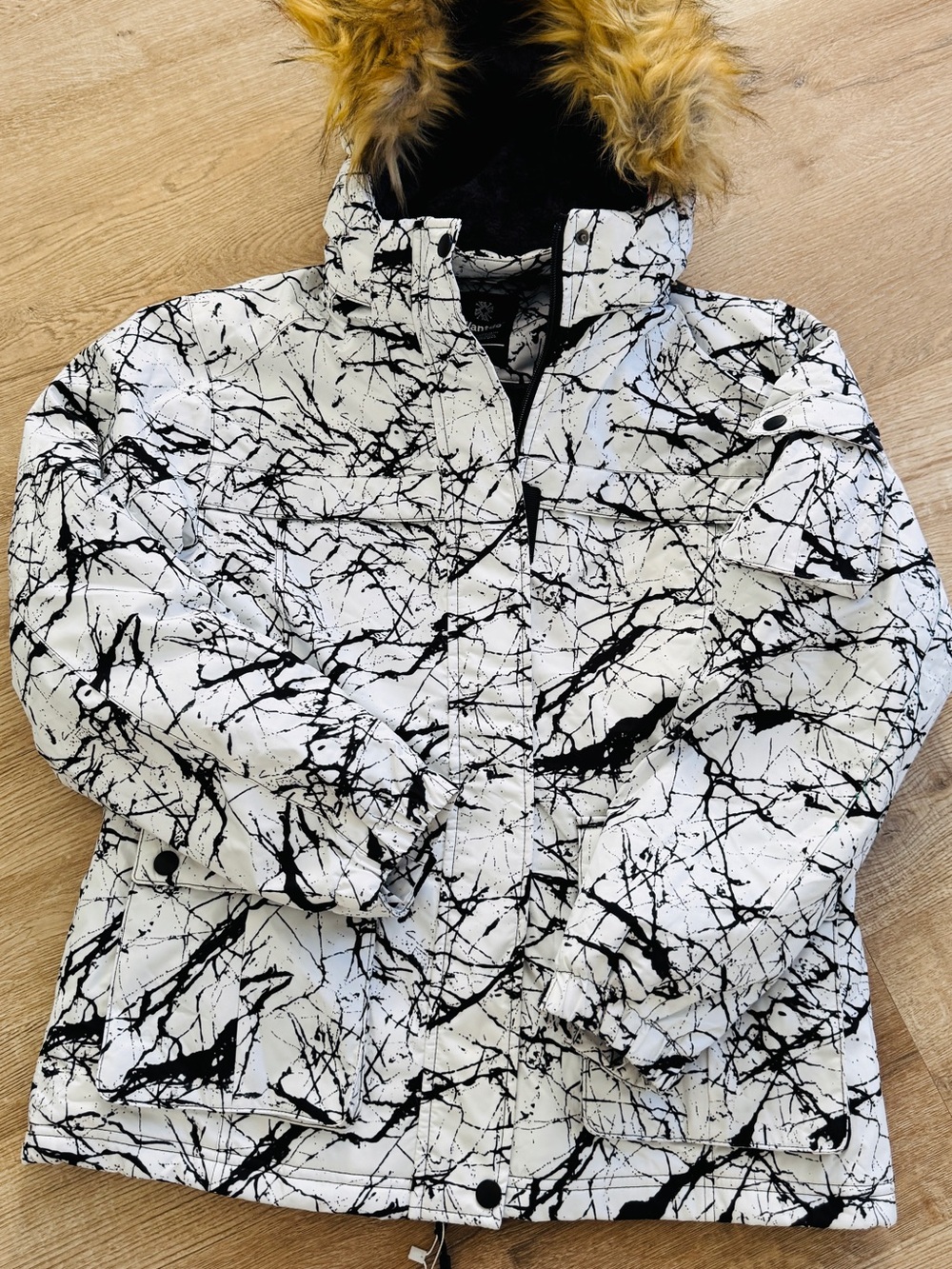 White and Black Splatter Parka with Faux Fur Hood